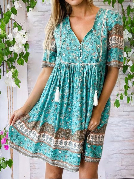 Boho V Neck Short Sleeve Printed Women Dress, As picture, Mini Dresses