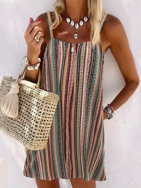 

Spaghetti-Strap Vintage Shift Weaving Dress, Brown, Floral Dresses
