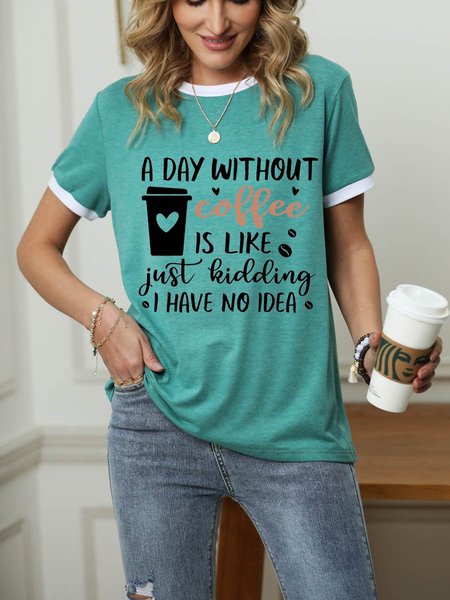 

Without Coffee Graphic Short Sleeve Round Neck Loose Tee, Green, T-shirts