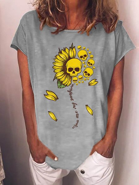 

You Are My Sunshine Skull Sunflower Graphic Short Sleeve Round Neck Loose Tee, Gray, T-shirts