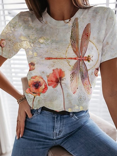 

Dragonfly Crew Neck Casual Printed Cotton-Blend T-shirt, White, T-Shirts