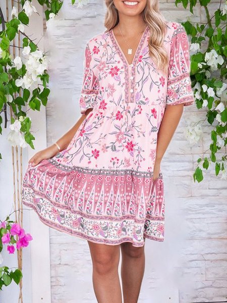 

Floral Short Sleeve Holiday Weaving Dress, Pink, Boho dresses