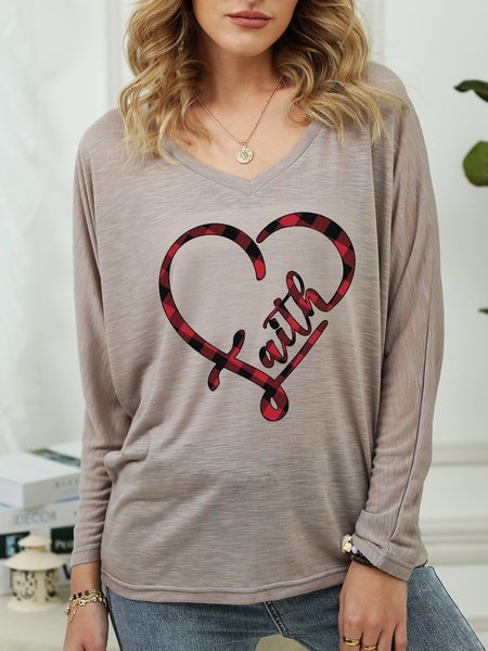 

Faith Heart Plaid Graphic Long Sleeve V-Neck Top, Gray, Hoodies&Sweatshirts