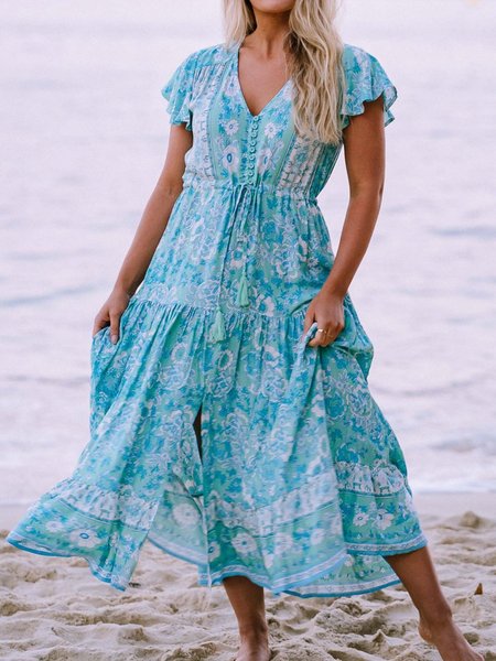 

Abito Scollo a V Floreale Bohemian, Blu, Midi Dresses