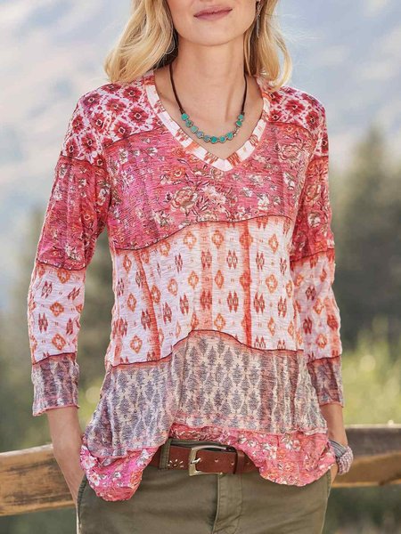 

Rosa Casuale Vintage Scollo a V 3/4 Manica Dritto Camicie & Top, T-Shirts