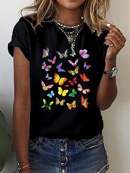 

Animal Print Round Neck Short Sleeves Casual T-shirts, Black, T-Shirts