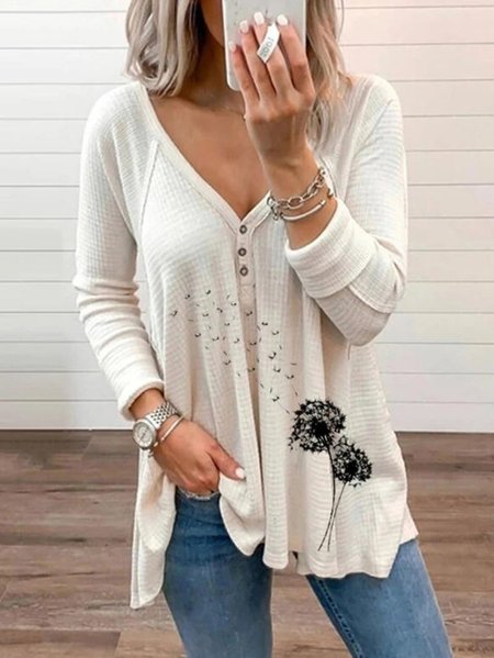 

Casual Cotton-Blend V Neck Shirts & Tops, Beige, Tops