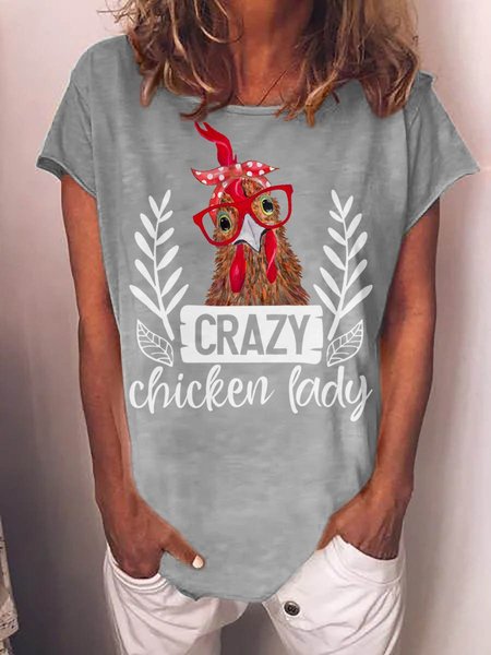 

Crazy Chicken Lady Graphic Short Sleeve Round Neck Loose Tee, Gray, T-shirts