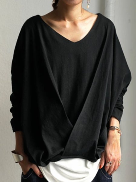 

Maniche Lunghe Girocollo Tinta unita Top, Nero, T-Shirts
