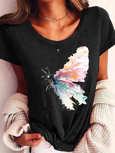 

Short Sleeve Casual Animal Round Neck T-Shirts, Black, T-Shirts