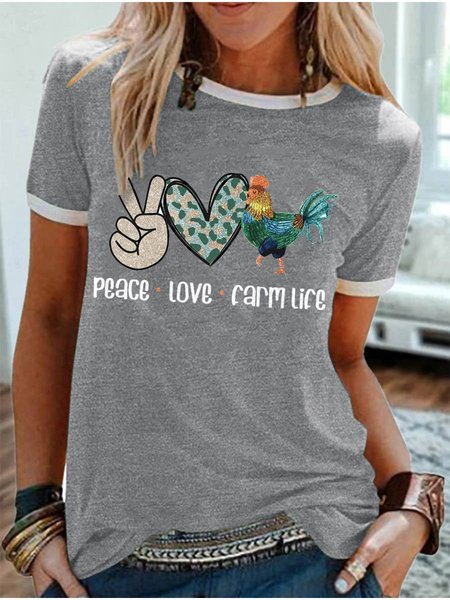 

Peace Love Farmlife Combo Chicken Graphic Short Sleeve Round Neck Loose Tee, Gray, T-shirts