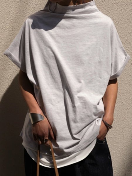 

Plus Size Cotton-Blend Vintage Turtleneck Short Sleeve T-shirt, White, Blouses & Shirts