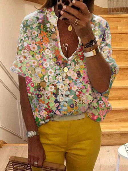 

Short Sleeve Floral-Print Floral Casual Shirts & Tops, Flower, Tops