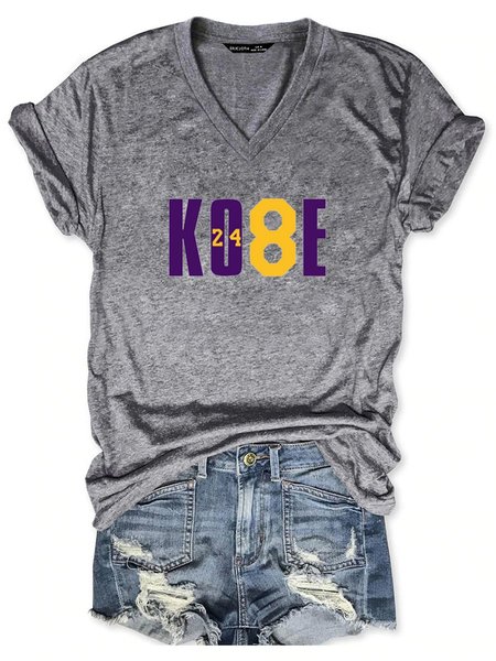 

KOBE 24 8 Casual Letter Short Sleeve Woman's Shirts & Tops, Gray, T-shirts