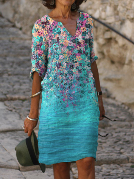 Mezza Manica Floreale Abito, Blu, Linen & Cotton Dresses
