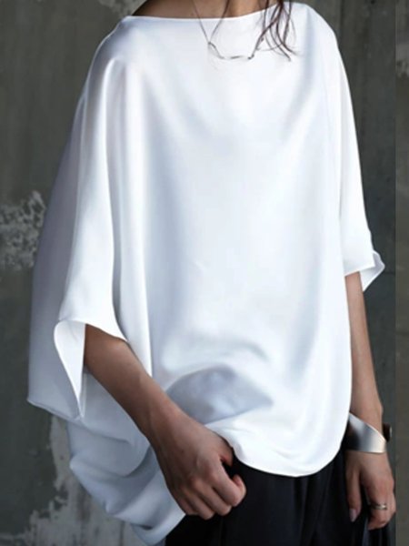 

taglia grande Casuale Misto Cotone Mezza Manica Girocollo Top, Bianco, T-Shirts