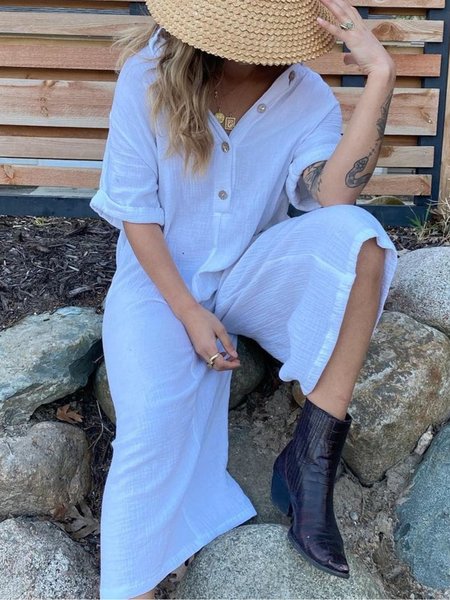 

Scollo a V Cotone Casuale Pezzi interi, Bianco, Jumpsuits