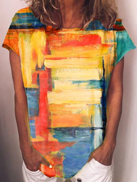 

Short Sleeve Cotton Color-Block Graffiti T-shirt, Blue, Tees & T-shirts