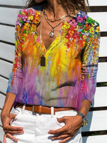 

Long Sleeve Cotton-Blend Floral Shift Blouse, Multicolor, Long sleeve tops