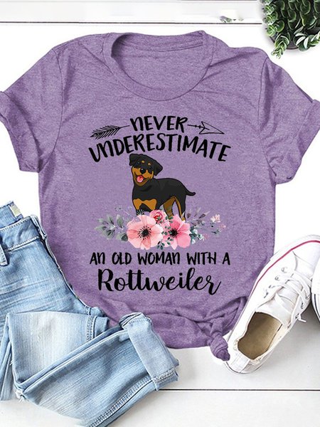 

Never Underestimate An Old Woman With A Rottweiler Dog Graphic Tee, Purple, T-shirts