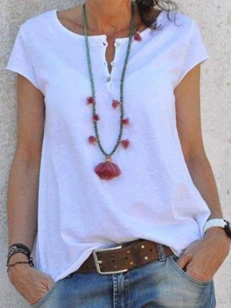 

Girocollo Casuale Solido Misto Cotone Top, Bianco, Blouses & Shirts
