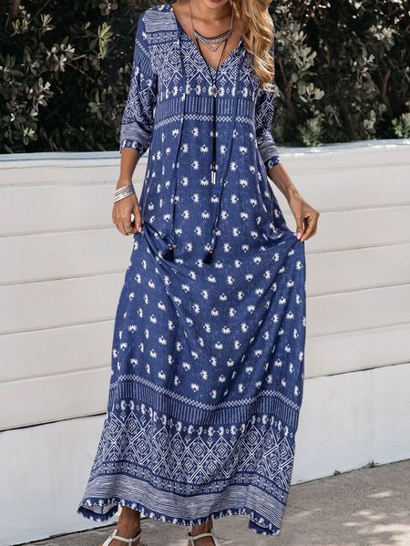 

Beach Swing V Neck 3/4 Sleeve Boho Maxi Dress, Blue, Maxi Dresses