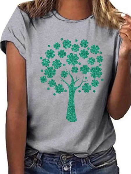 

Four-Leaf Clover Tree Graphic Short-Sleeved Round Neck Loose Tee, Gray, T-shirts