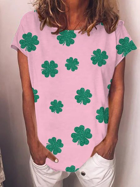 

Four-Leaf Clover Graphic Short-Sleeved Round Neck Loose Tee, Light pink, Tops