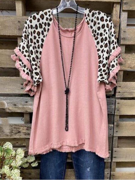 

Casual Round Neck Leopard Cotton-Blend Shirts & Tops, Pink, Tops