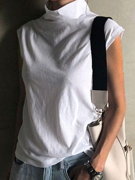 

Plus Size Casual Turtleneck Cotton-Blend Top, White, Tanks and Camis