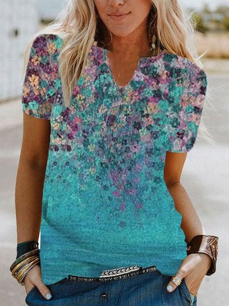 

Short Sleeve Cotton V Neck T-shirt, Blue, Tees & T-shirts