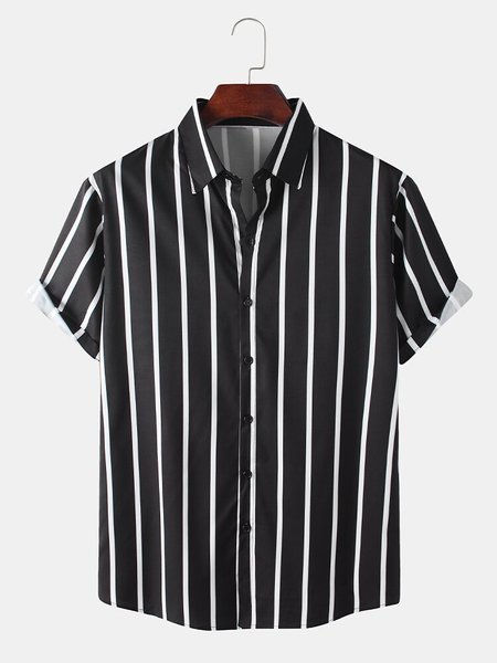 

Men's Printed Striped Shirt Collar Shirts, Black, Short Sleeves Shirts