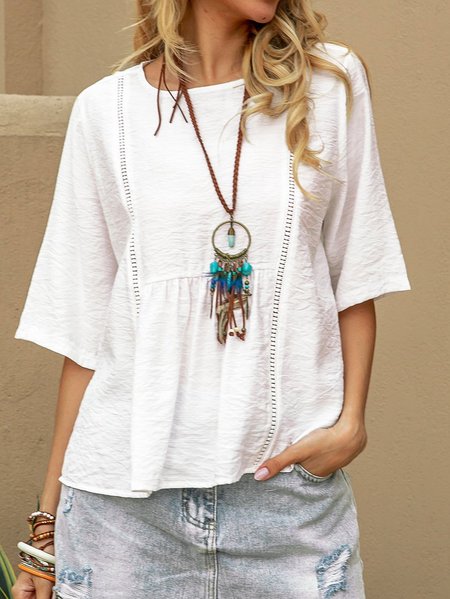 

White Crew Neck Solid Shift Casual Top, Blouses and Shirts