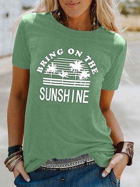 

Casual Floral-Print Letter Short Sleeve T-shirt, Green, Tops