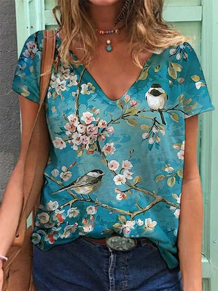 Le signore pesca Fiorire E uccello Stampare T-shirt, Blu, T-Shirts