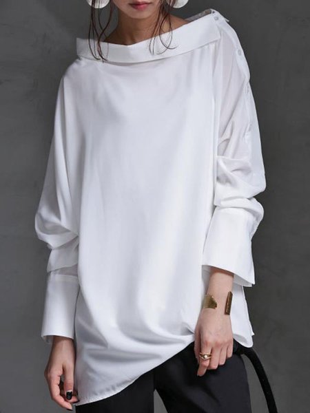 

Solido Maniche Lunghe Casuale Misto Cotone Camicie & Top, Bianco, T-Shirts