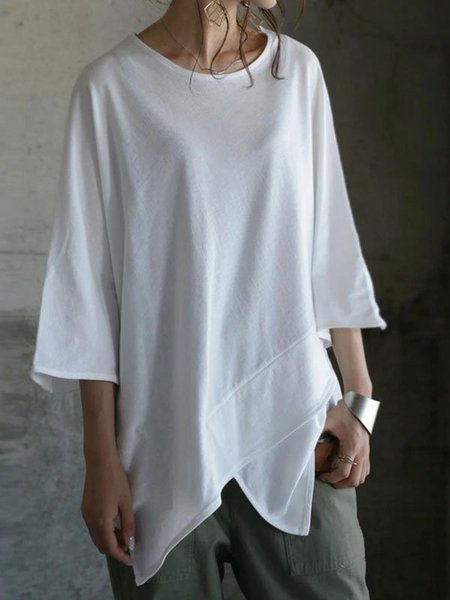 

Camicie & Top Girocollo Maniche Lunghe Solido Misto Cotone, Bianco, T-Shirts