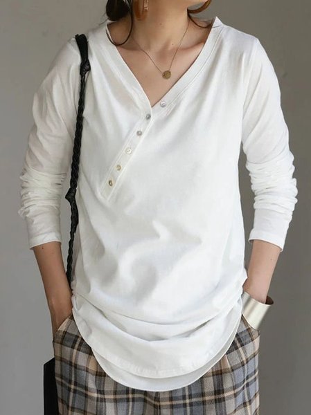 

Scollo a V Maniche Lunghe ​Casual Abbottonato Camicie & Top, Bianco, Blouses & Shirts