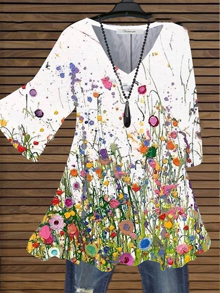 

Scollo a V Maniche Corte Casuale Stampato Floreale Top, Bianco, T-Shirts