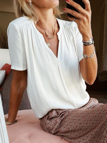 

taglia grande Solido Maniche Corte Top, Bianco, T-Shirts