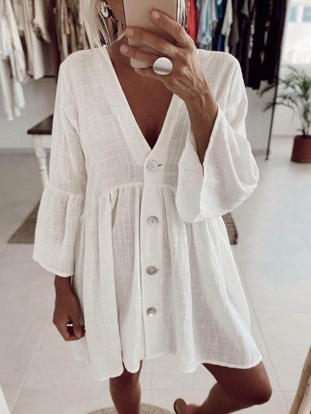 

Vintage 3/4 Sleeve A-Line Women Dress, White, Midi Dresses