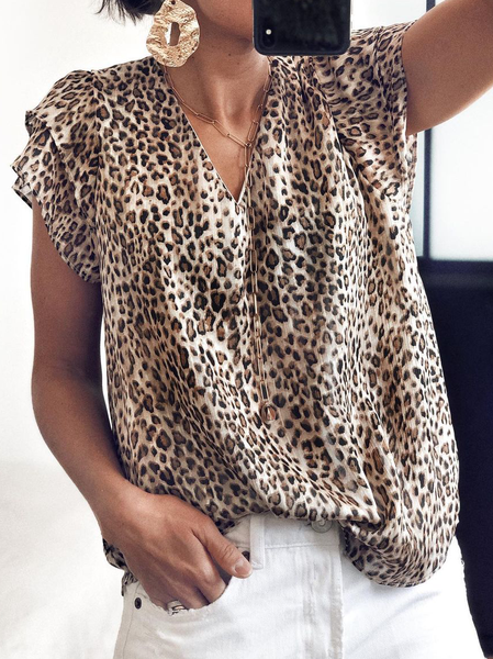 

taglia grande Manica a Volant Leopardo Scollo a V Top, Marrone, T-Shirts
