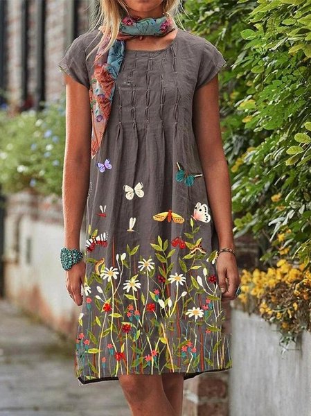

Floreale Maniche Corte Abito, Marrone, Linen & Cotton Dresses