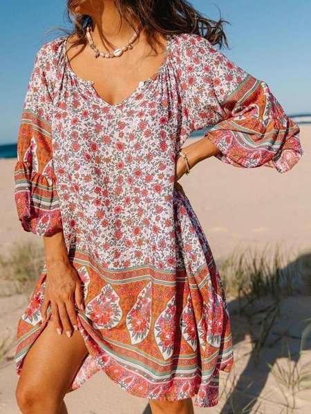 

Abito Bohemian Stampato 3/4 Manica Scollo a V, Arancia, Summer dresses