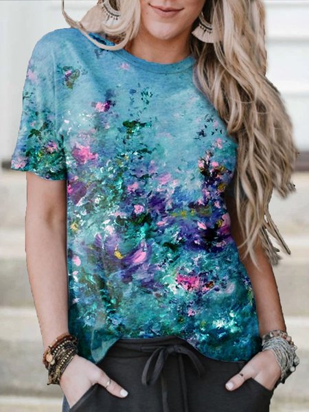 

Maniche Corte Patchwork Top, Blu, T-Shirts