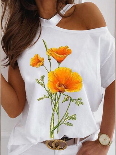 

Papavero della California Spalla Nuda Maniche Corte Top, Bianco, T-Shirts