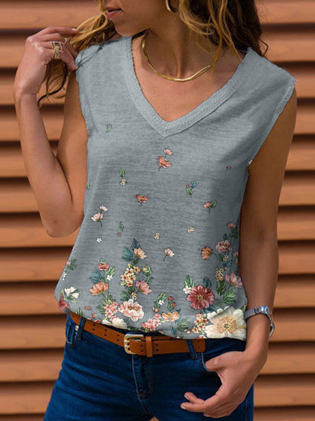 

Floral-Print Floral Sleeveless Casual T-shirt, Gray, Tanks & Camis