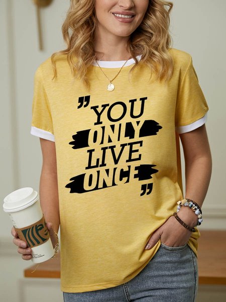 

You Only Live Once Graphic Crew Neck Short Sleeve Loose Tee, Yellow, T-shirts