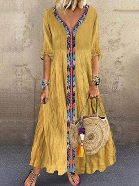 

Vintage Scollo a V Abito, Giallo, Maxi Dresses
