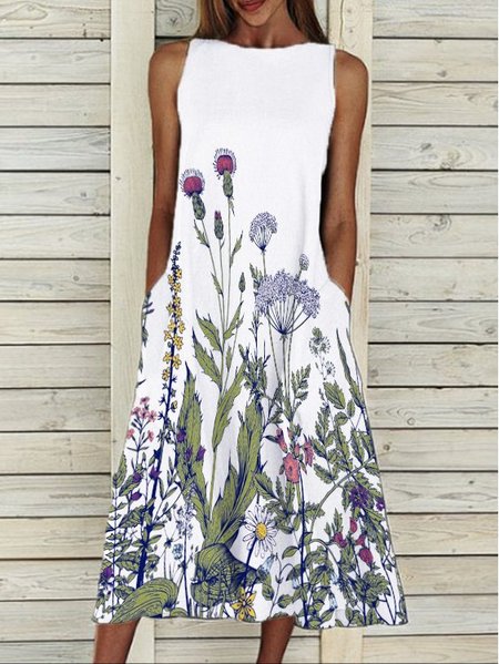 

Women Summer Floral Printed Casual Crew Neck Dresses, White, Dresses